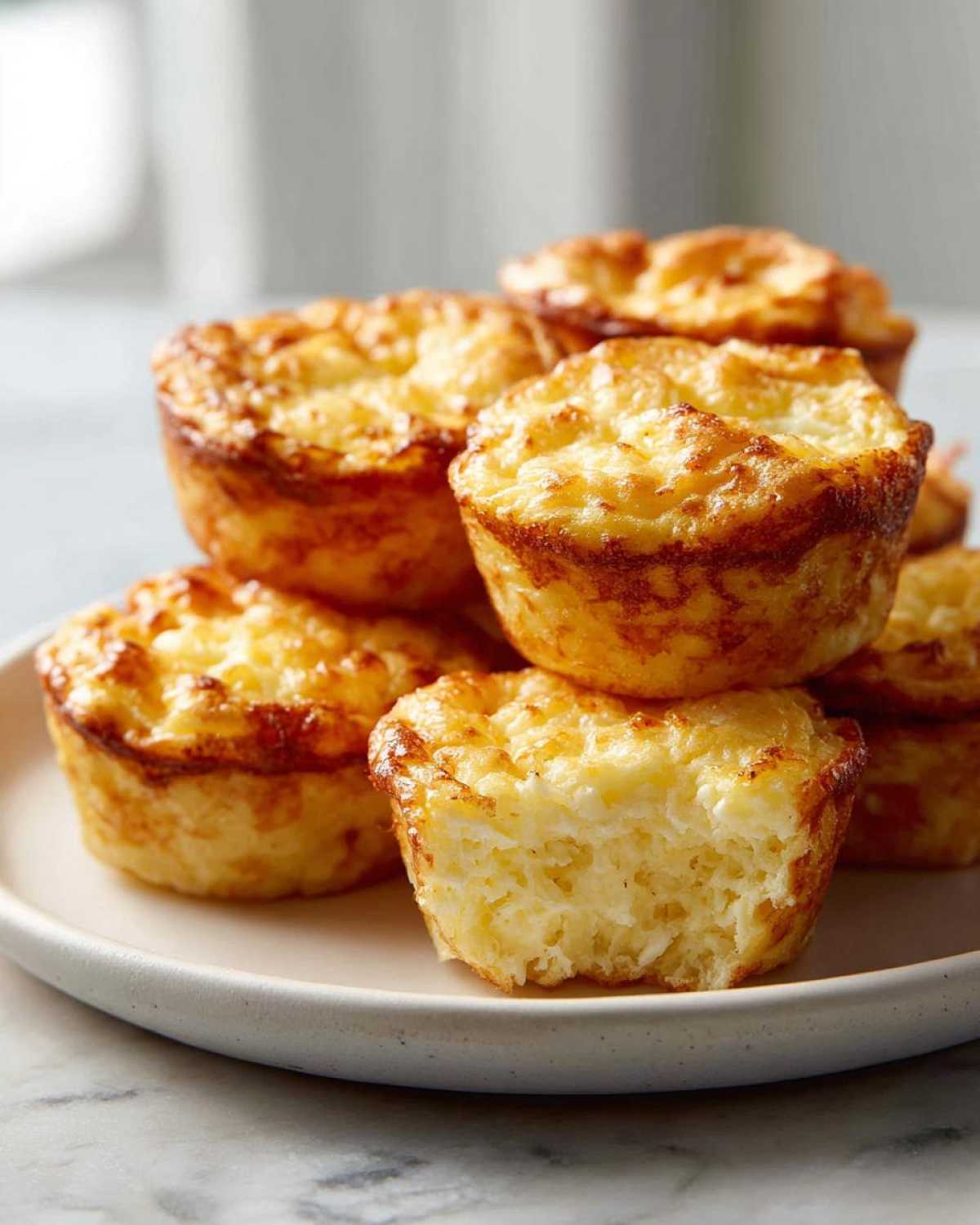 A stack of golden brown cottage cheese egg cups starbucks style piled on a light plate.