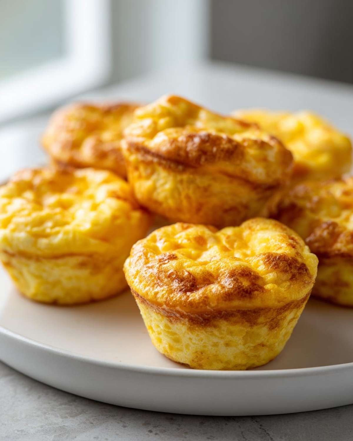 A close-up of several golden-brown cottage cheese egg cups starbucks style stacked on a white plate.
