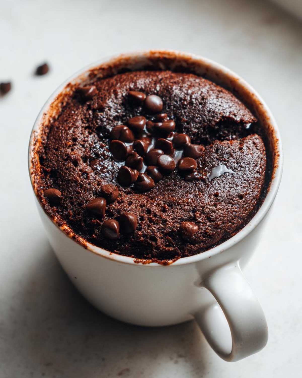 Close-up of a fudgy Cottage Cheese Microwave Brownie topped with melted chocolate chips in a white mug.