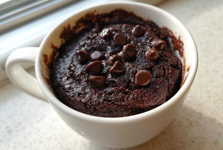 Close-up of a fudgy Cottage Cheese Microwave Brownie topped with chocolate chips in a white mug.