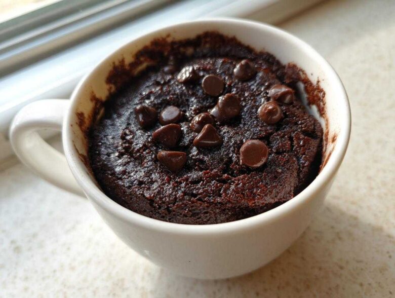 Close-up of a fudgy Cottage Cheese Microwave Brownie topped with chocolate chips in a white mug.