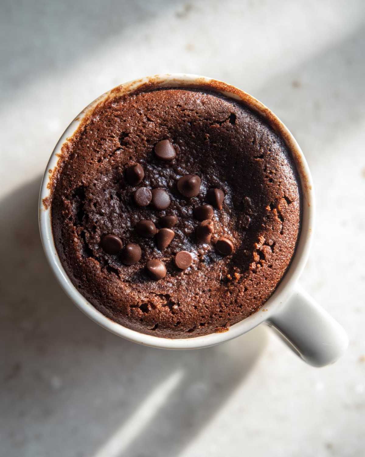 Overhead view of a fudgy Cottage Cheese Microwave Brownie topped with chocolate chips in a white mug.