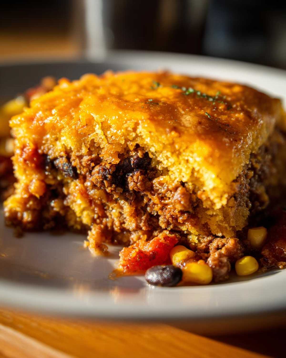 Close-up of a square serving of cowboy cornbread casserole with seasoned ground beef, corn, and black beans.
