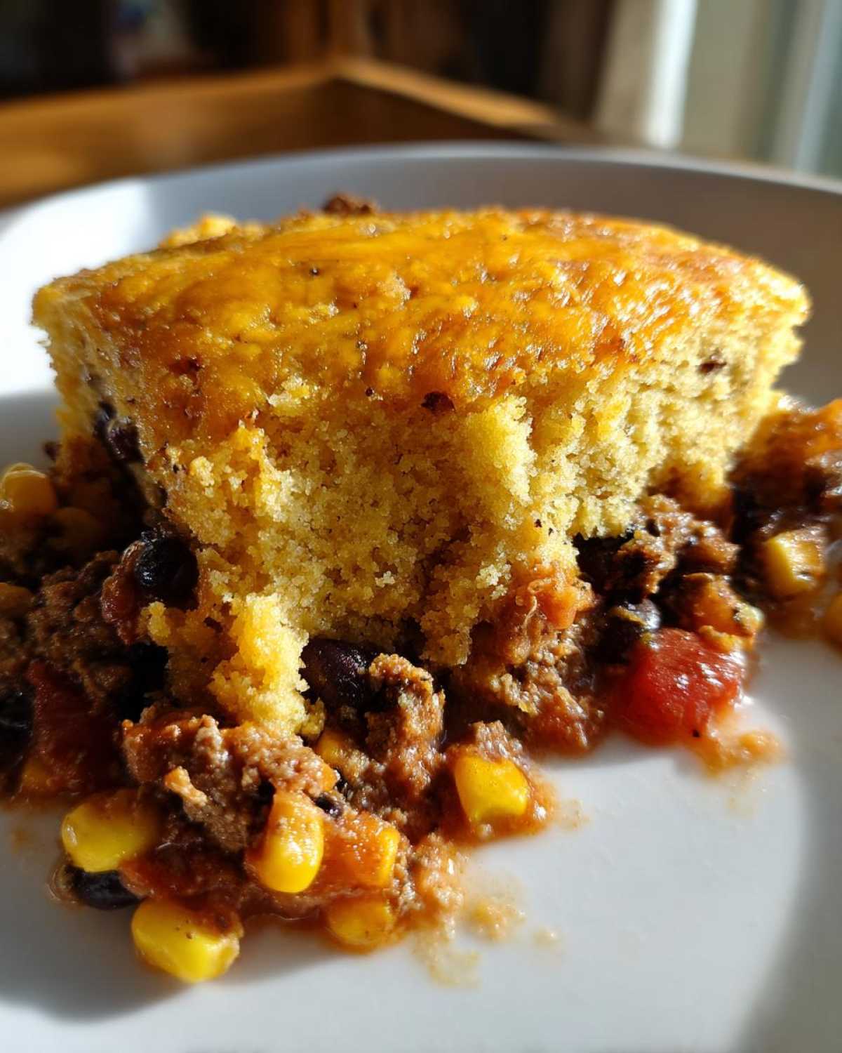 A close-up of a serving of hearty cowboy cornbread casserole with a thick cornbread topping over a savory meat, corn, and bean mixture.