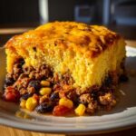 A thick slice of cowboy cornbread casserole showing a golden cornbread top over a hearty chili filling with beans and corn.