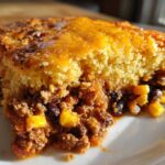 Close-up of a serving of cowboy cornbread casserole showing the thick cornbread top over a savory meat, bean, and corn filling.