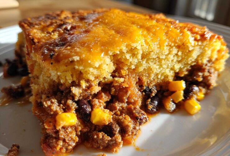Close-up of a serving of cowboy cornbread casserole showing the thick cornbread top over a savory meat, bean, and corn filling.