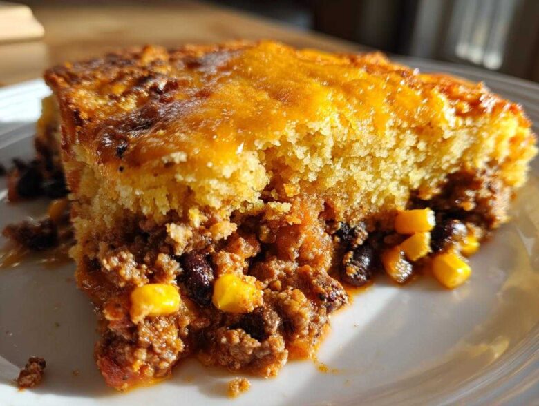 Close-up of a serving of cowboy cornbread casserole showing the thick cornbread top over a savory meat, bean, and corn filling.