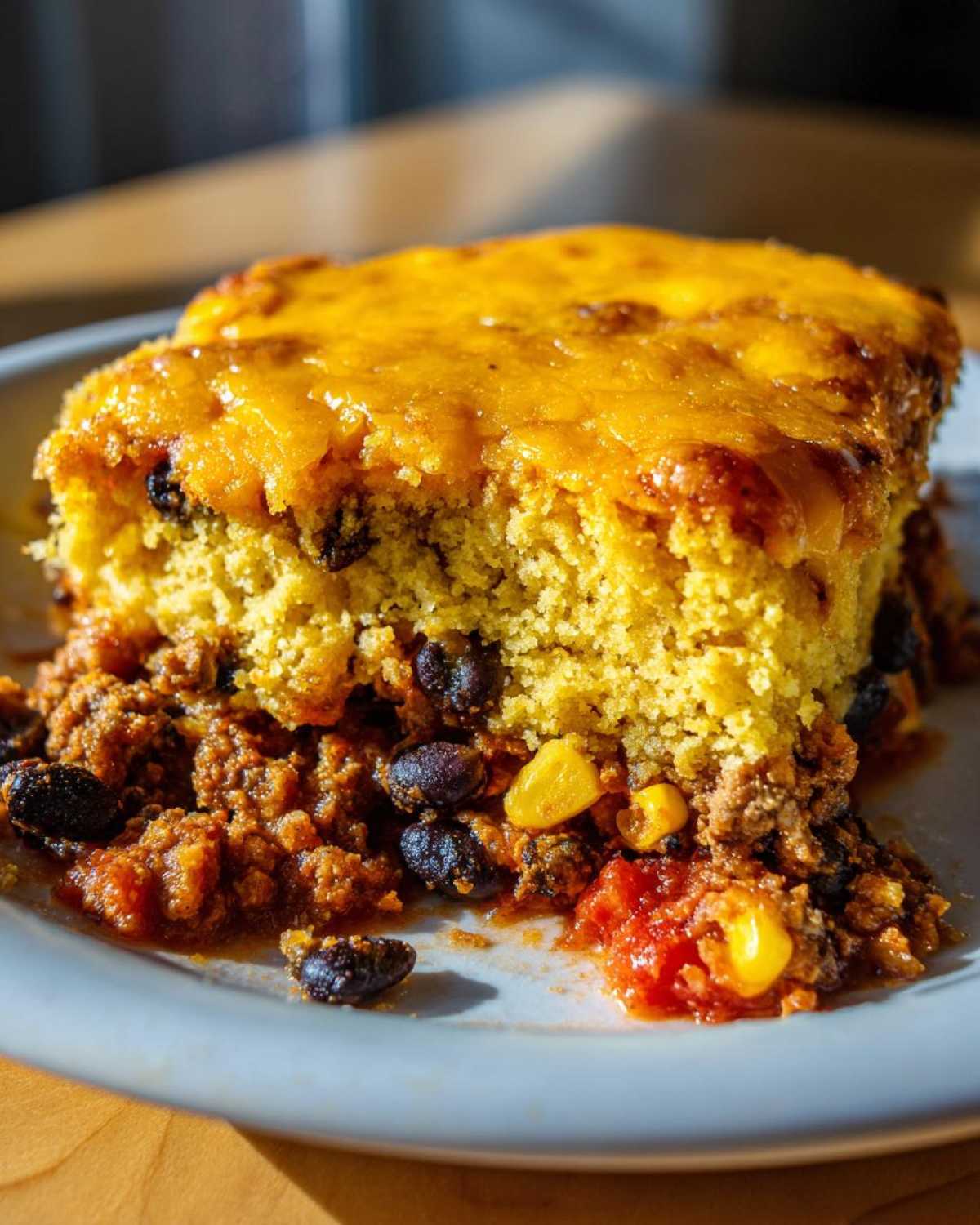 A close-up serving of cowboy cornbread casserole showing a thick layer of cheesy topping over cornbread and chili base.
