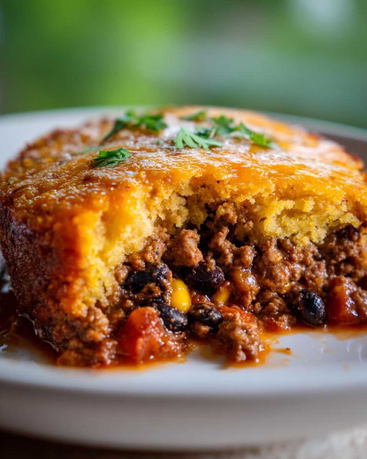 A close-up cross-section of cowboy cornbread casserole showing a savory meat and bean filling topped with golden cornbread.