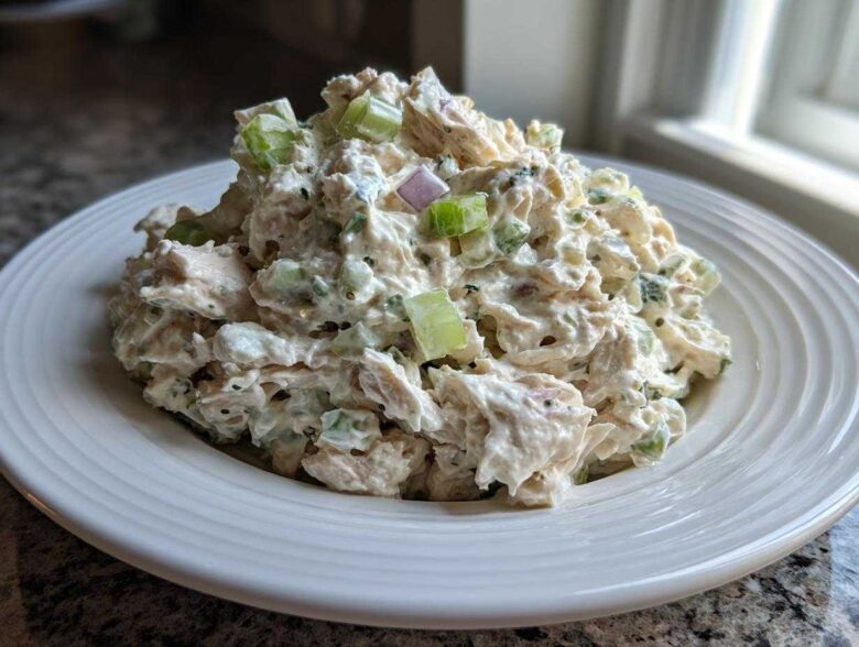 A generous serving of creamy cottage cheese chicken salad mixed with celery and red onion on a white plate.