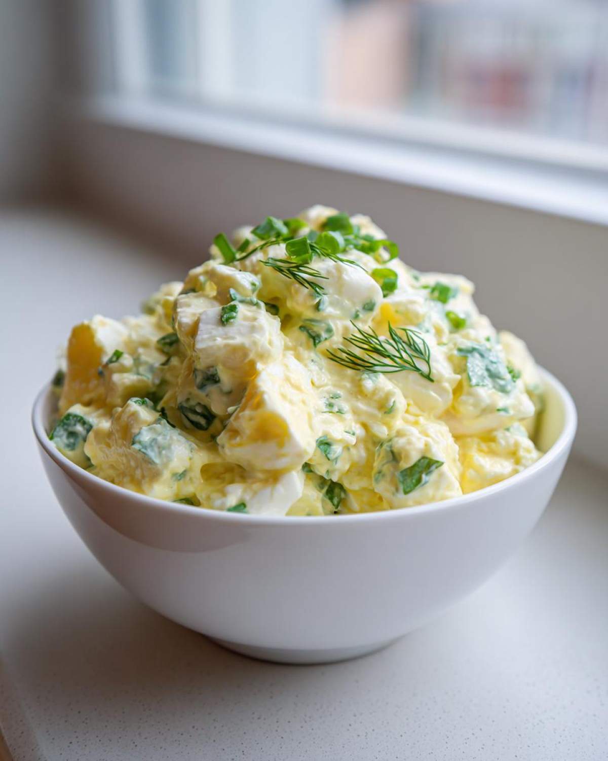 A generous serving of creamy egg salad recipe, topped with fresh chopped chives and dill, in a white bowl.