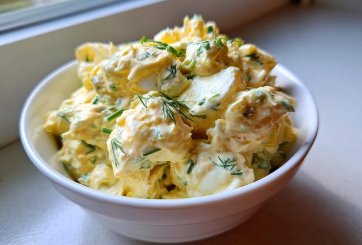 A close-up of a creamy, yellow egg salad recipe garnished with fresh dill and chives in a white bowl.