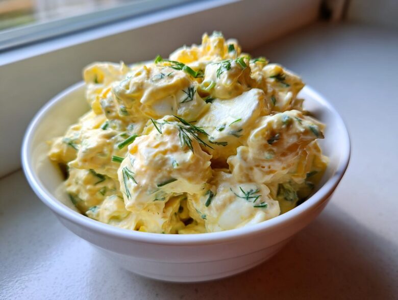 A close-up of a creamy, yellow egg salad recipe garnished with fresh dill and chives in a white bowl.