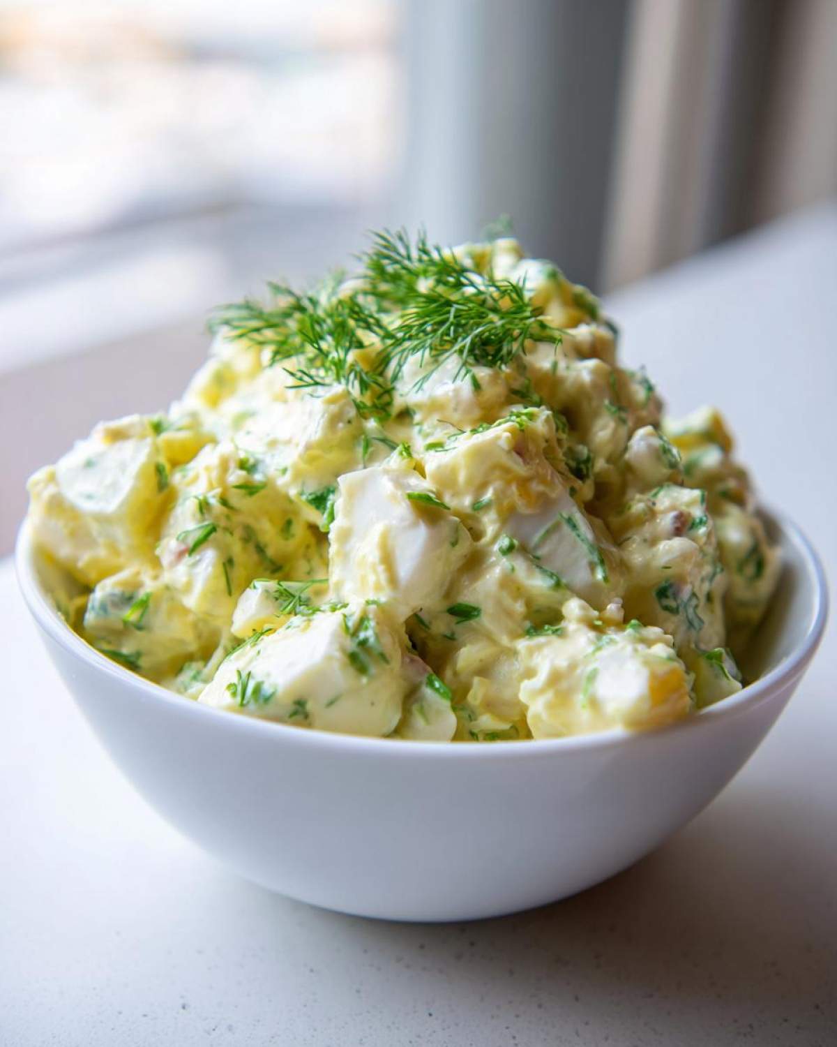 A close-up of a generous serving of creamy egg salad recipe, garnished with fresh dill, in a white bowl.