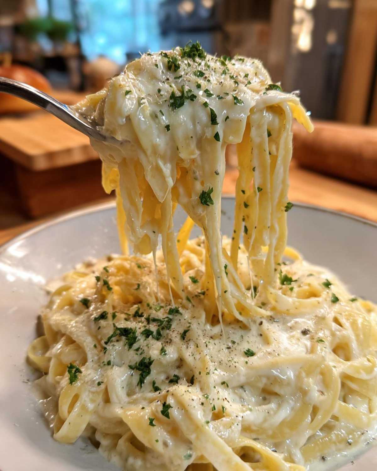 A fork lifting fettuccine noodles coated in rich homemade alfredo sauce, garnished with parsley.