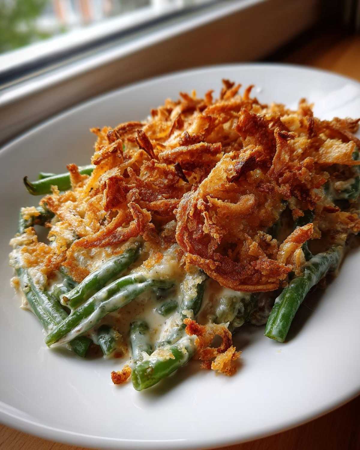 A close-up serving of creamy green bean casserole topped generously with crispy fried onions.