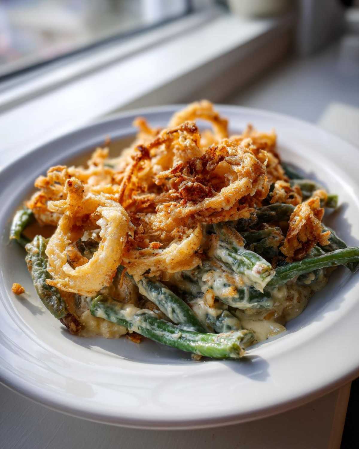 A close-up serving of creamy green bean casserole topped generously with crispy fried onions.