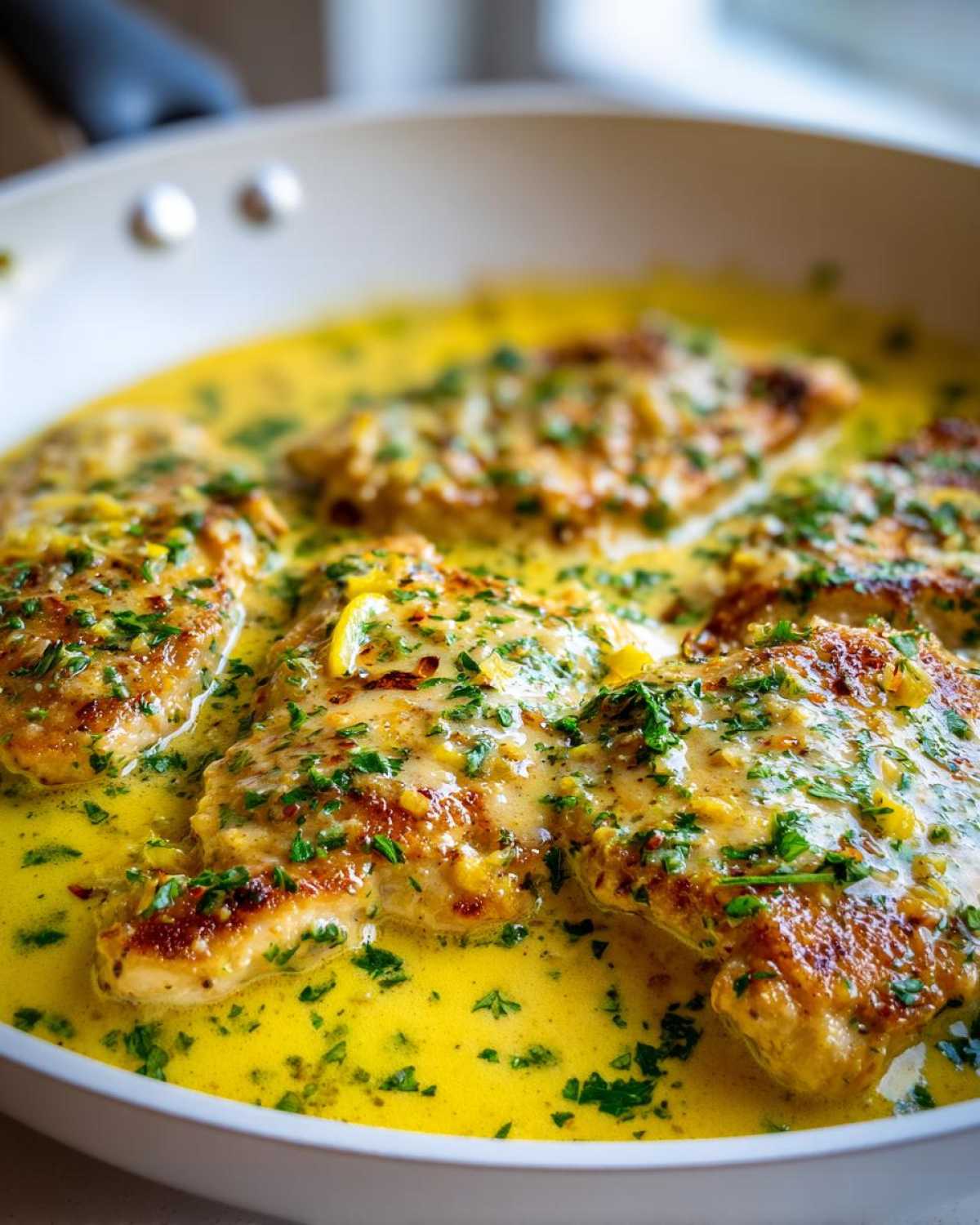 Close-up of several pan-seared chicken breasts simmering in a bright yellow creamy lemon chicken sauce, topped with fresh parsley.