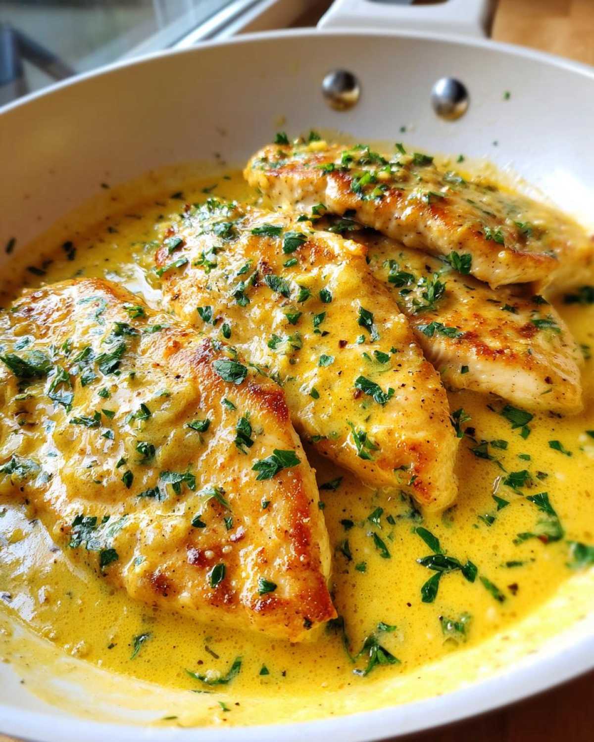 Close-up of pan-seared chicken breasts smothered in a rich, creamy lemon chicken sauce and topped with fresh parsley.
