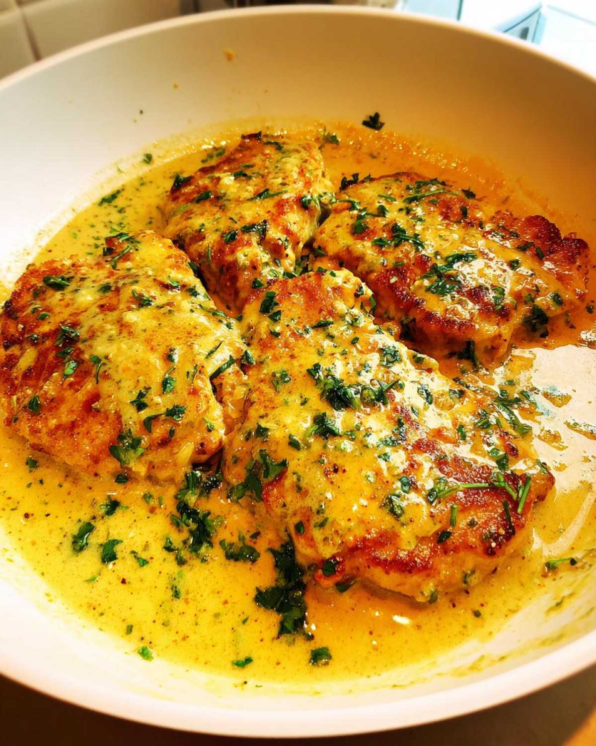 Four pan-seared chicken cutlets smothered in a rich, yellow creamy lemon chicken sauce and topped with fresh parsley.