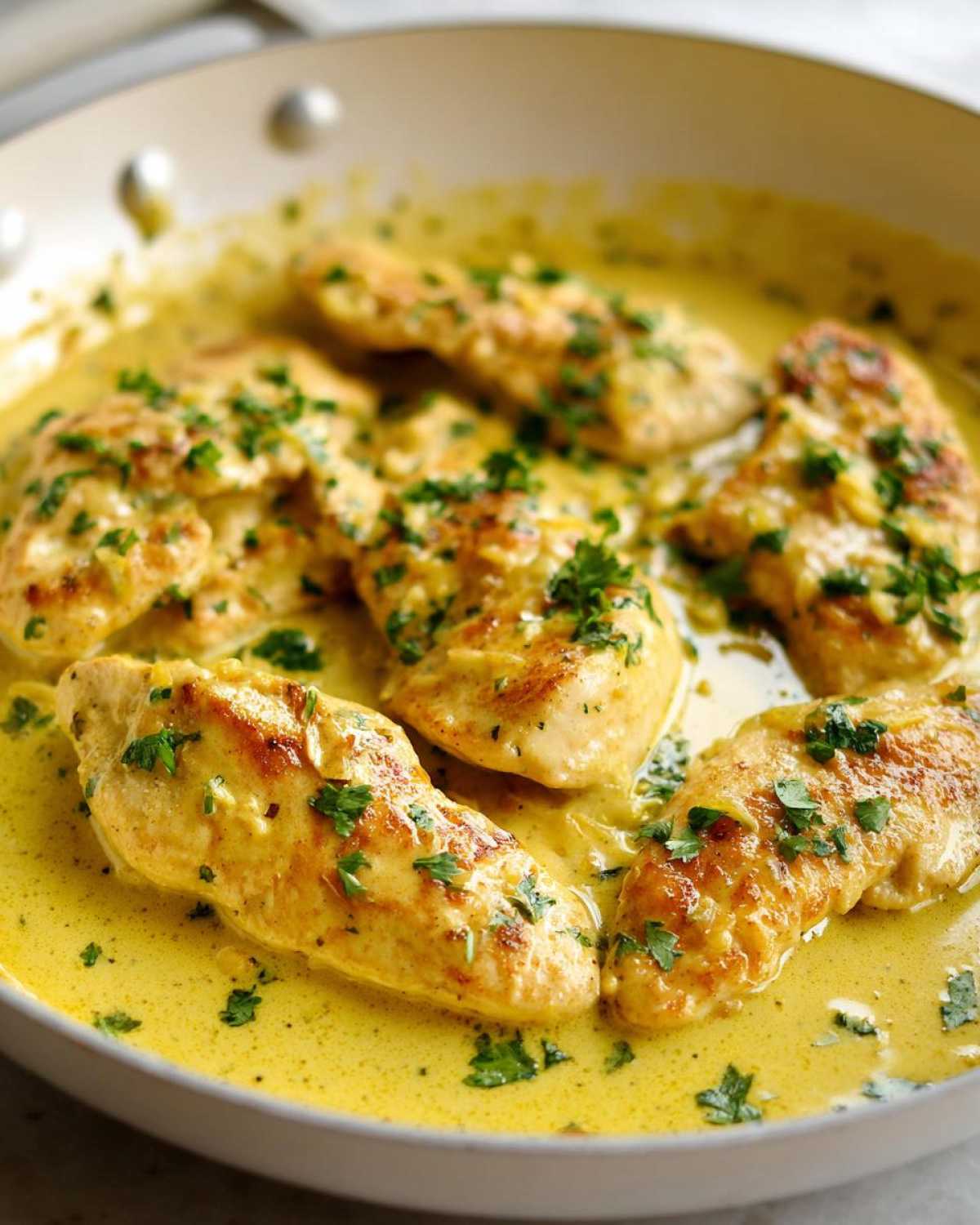 Close-up of pan-seared chicken breasts simmering in a rich, yellow creamy lemon chicken sauce, garnished with fresh parsley.