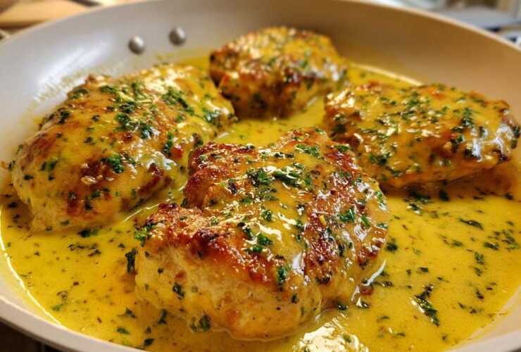 Four pieces of seared chicken breasts smothered in a rich, yellow creamy lemon chicken sauce and topped with fresh parsley.
