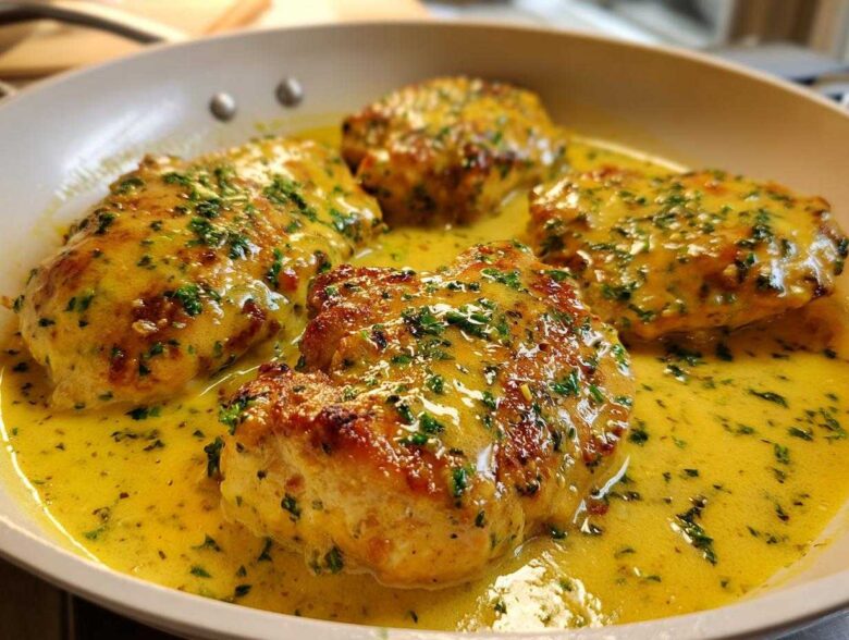 Four pieces of seared chicken breasts smothered in a rich, yellow creamy lemon chicken sauce and topped with fresh parsley.