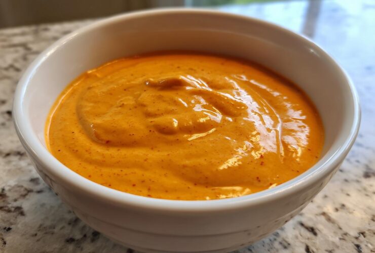 Close-up of a small white bowl filled with thick, vibrant orange nacho cheese sauce.
