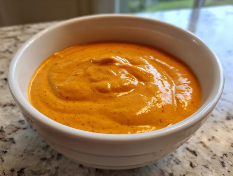 Close-up of a small white bowl filled with thick, vibrant orange nacho cheese sauce.