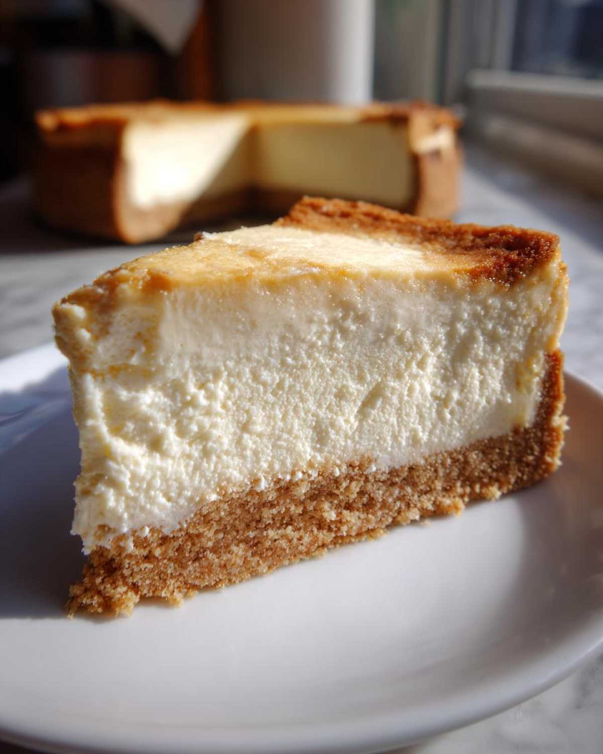 A close-up slice of creamy Protein Cheesecake with a thick graham cracker crust, served on a white plate.