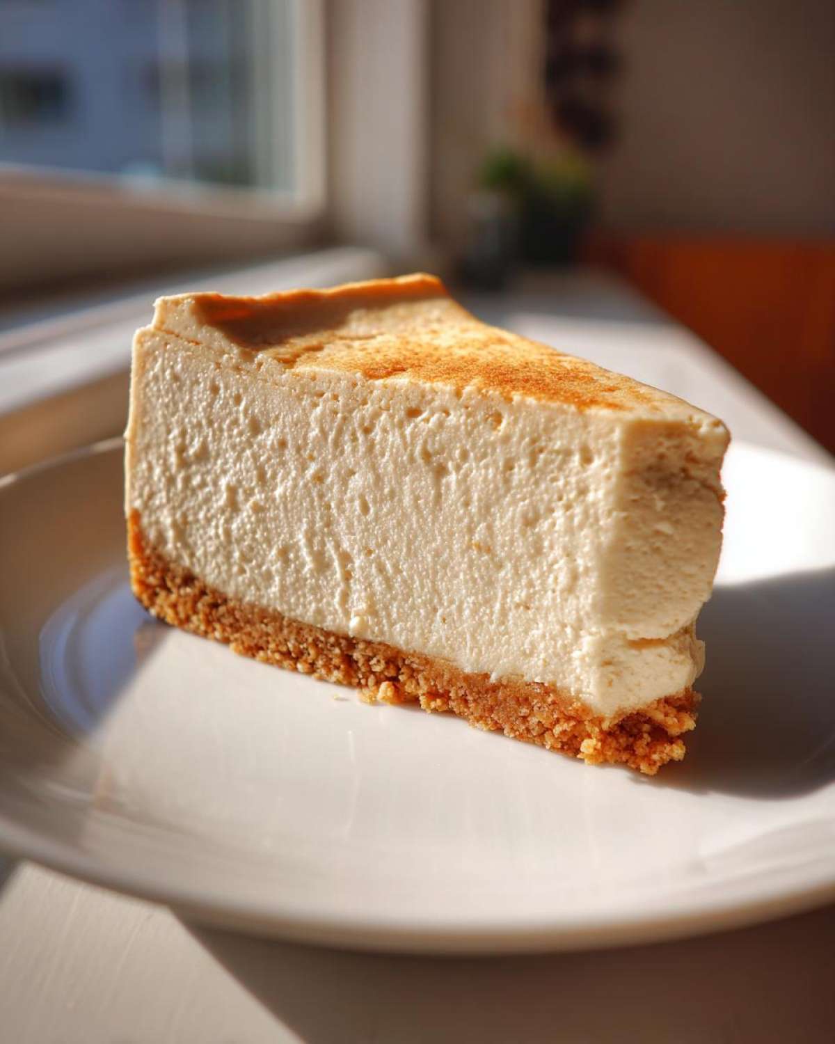 A thick slice of creamy Protein Cheesecake with a graham cracker crust, dusted with cinnamon.