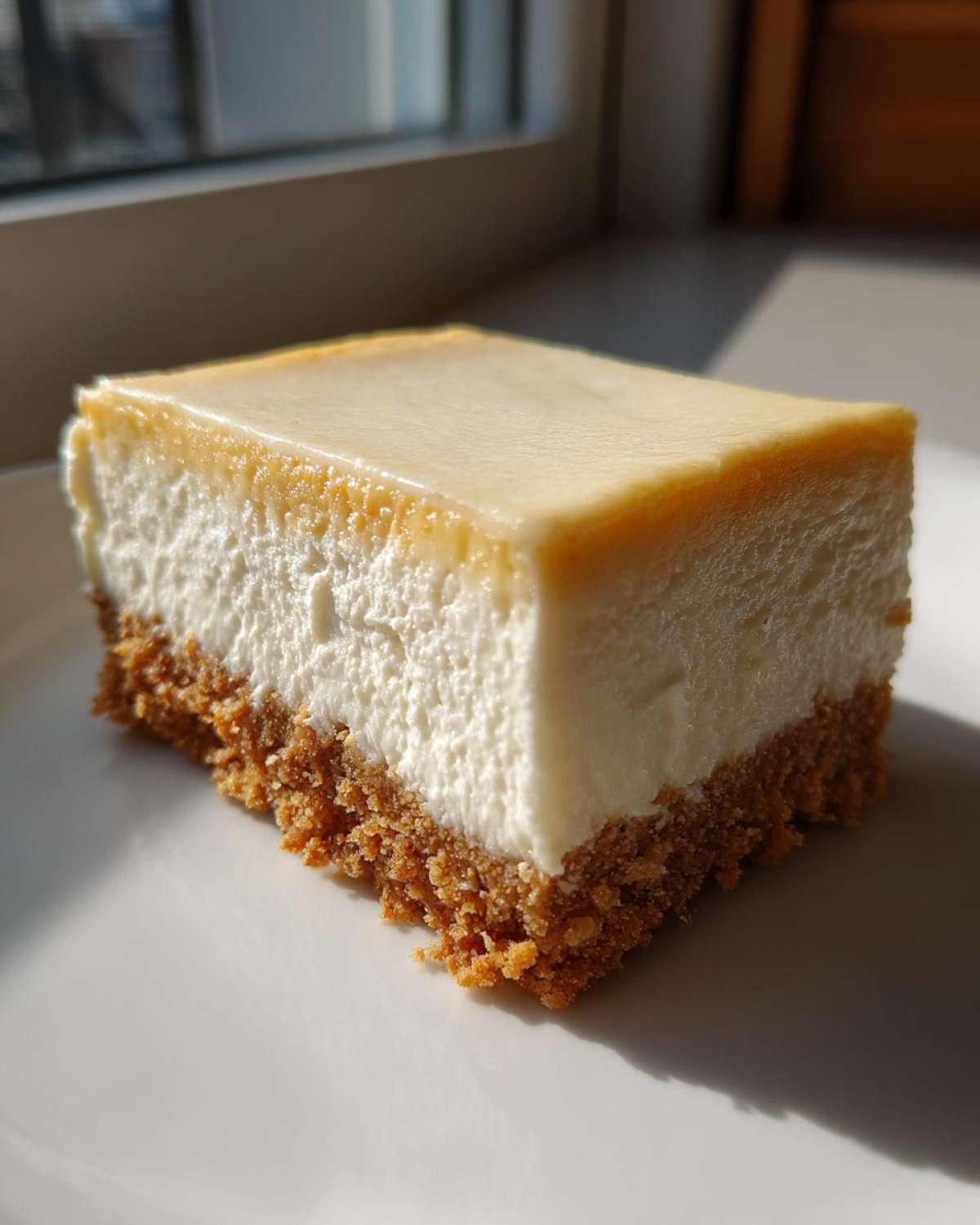 A thick, square slice of creamy Protein Cheesecake with a golden top layer and a thick graham cracker crust, sitting on a white plate.