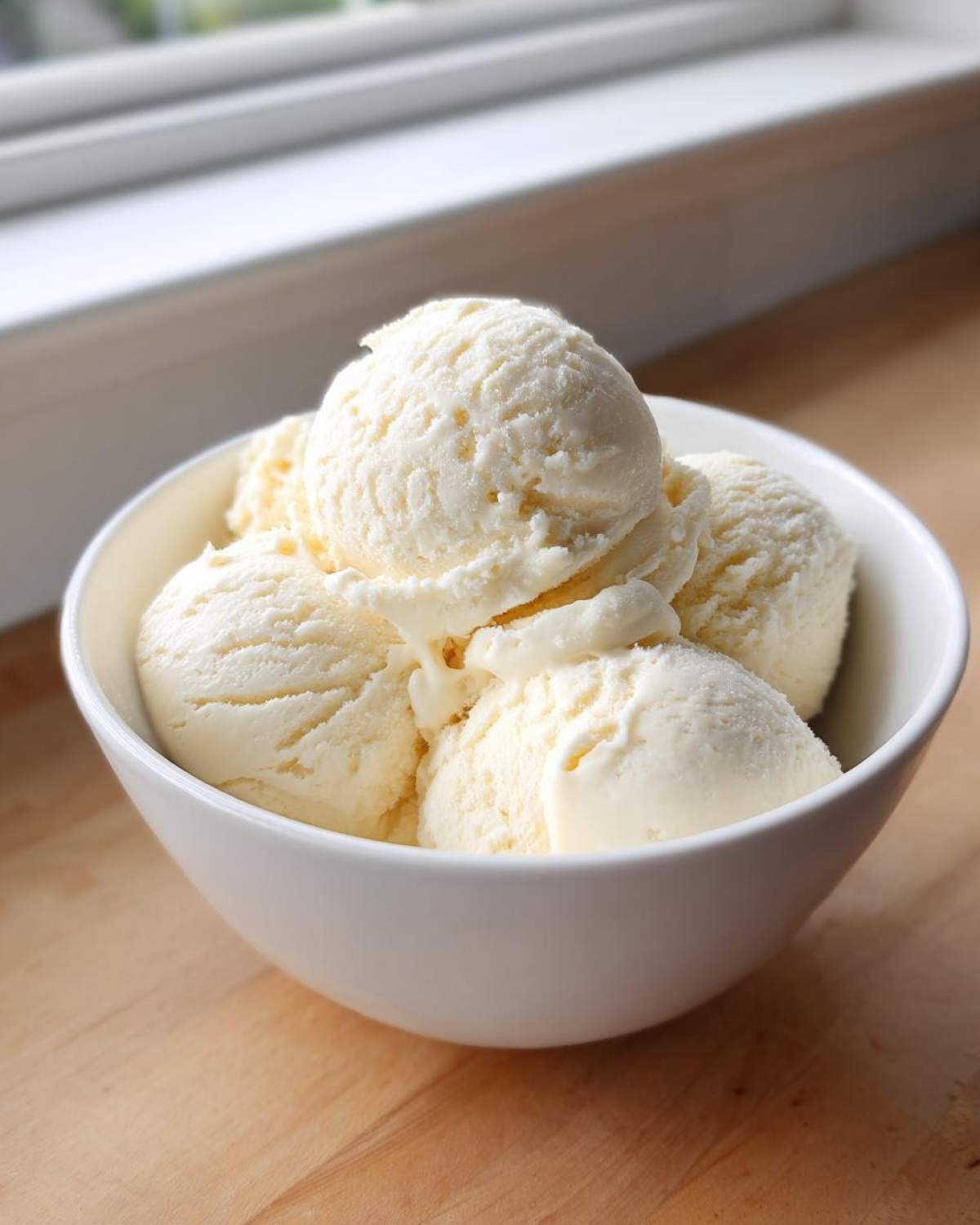 A white bowl filled with four generous scoops of creamy, vanilla-colored protein ice cream.