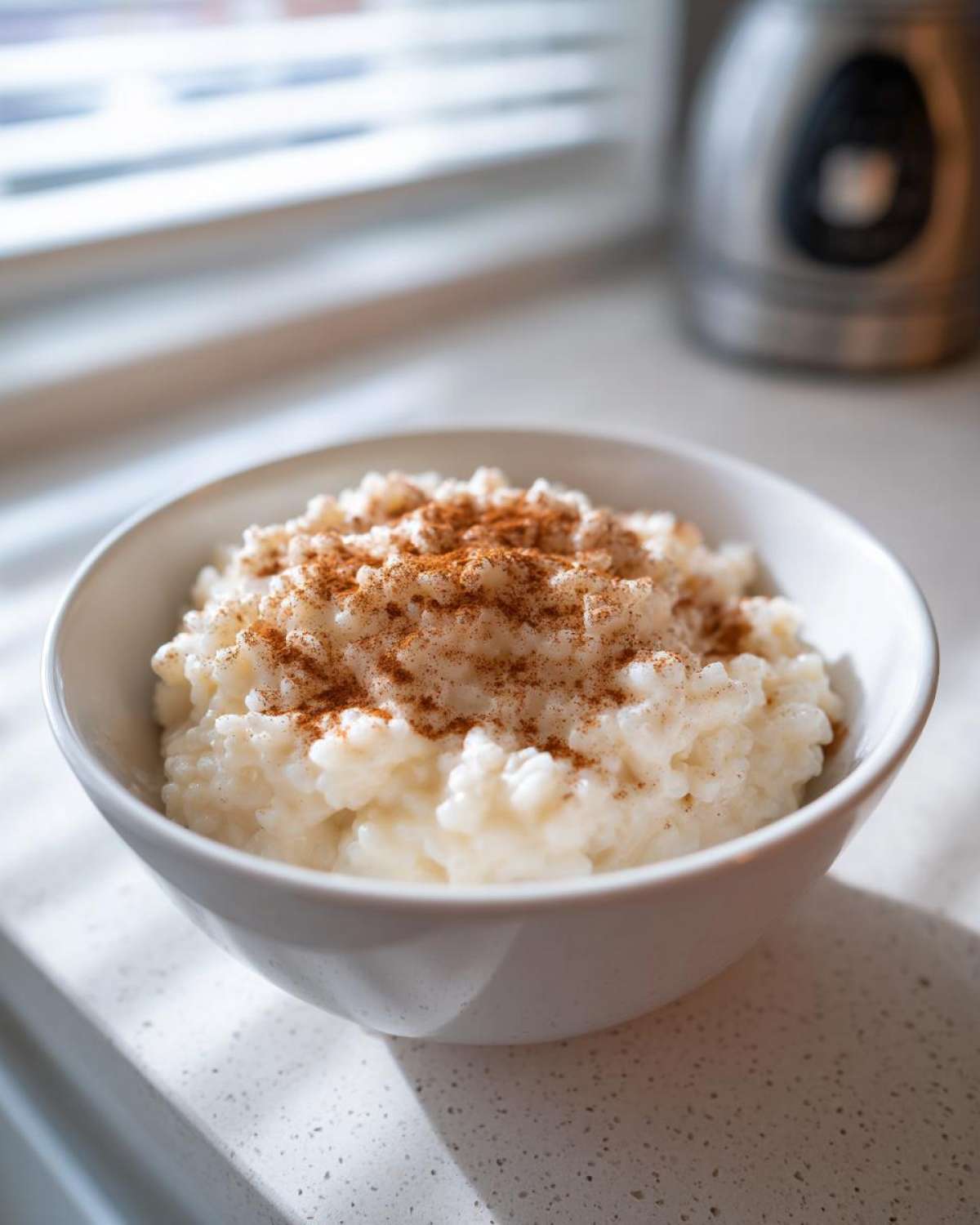 A close-up of creamy rice pudding topped generously with ground cinnamon in a white bowl.