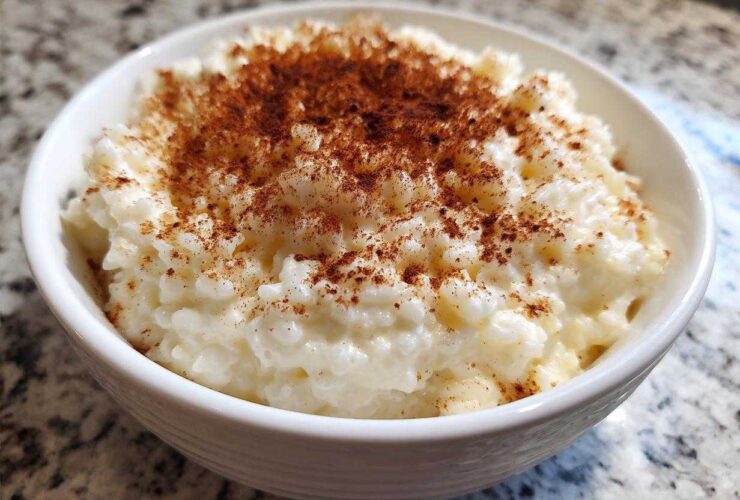 Close-up of a white bowl filled with creamy rice pudding topped generously with ground cinnamon.