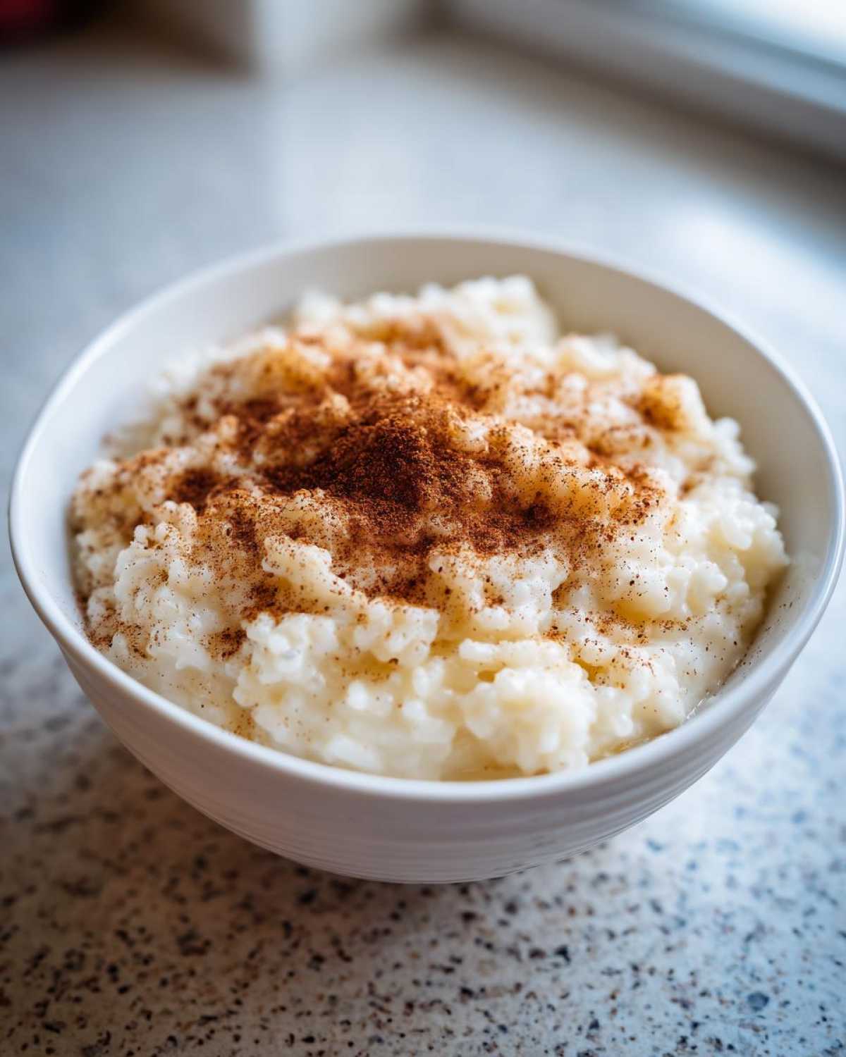 Close-up of a white bowl filled with creamy rice pudding generously sprinkled with ground cinnamon.