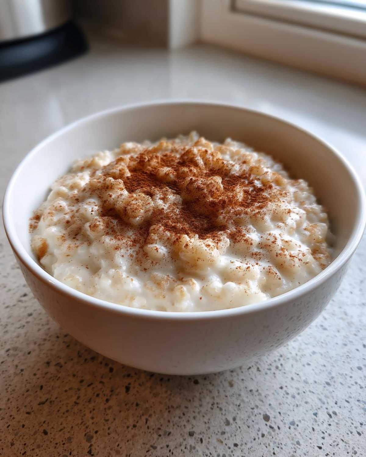 A close-up of creamy rice pudding topped generously with ground cinnamon in a white bowl.