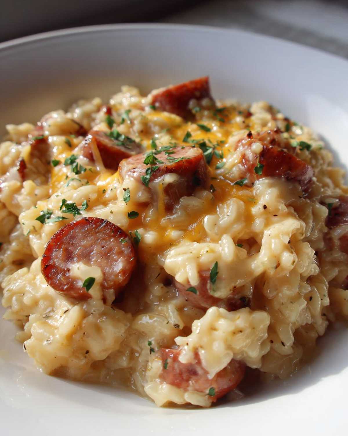 Close-up of creamy, cheesy sausage and rice topped with melted cheddar and parsley.