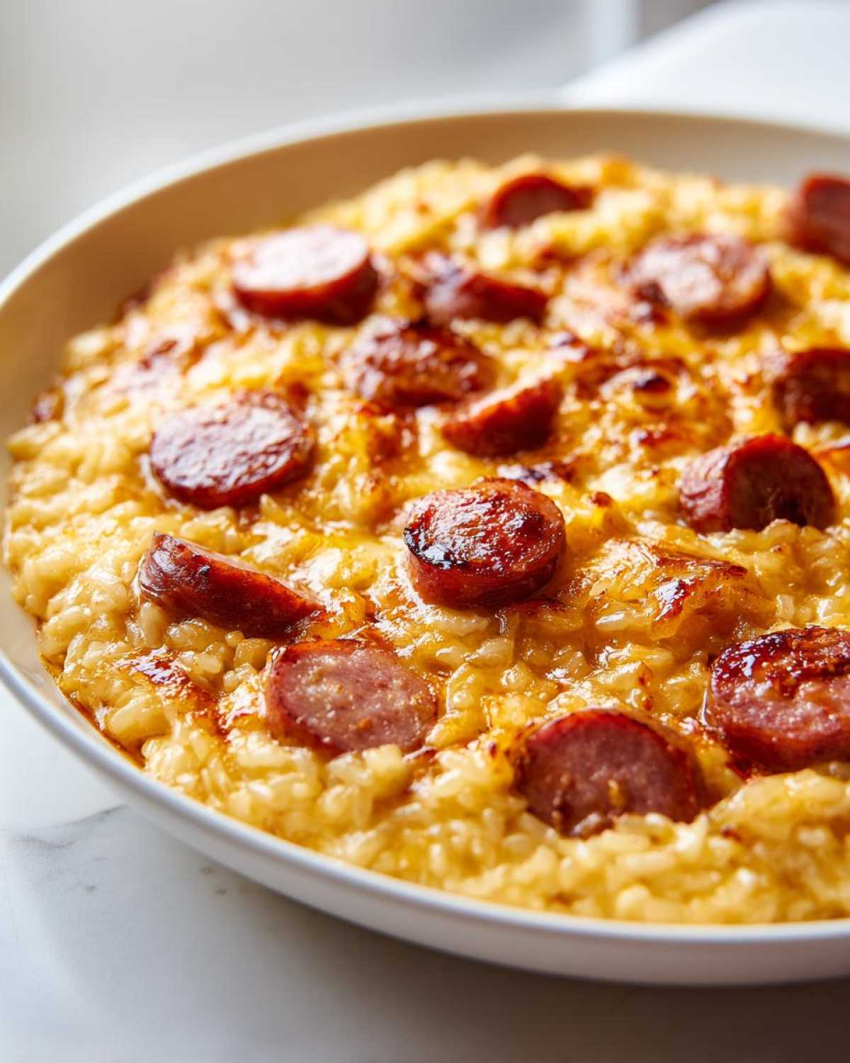 Close-up of creamy, cheesy sausage and rice, topped with browned slices of sausage.