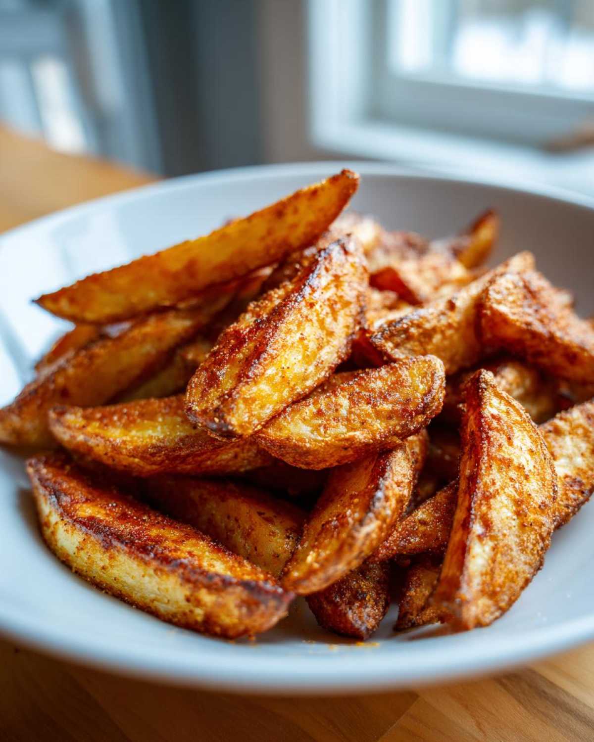 A close-up of perfectly crispy, seasoned air fryer potato wedges piled high in a white bowl.