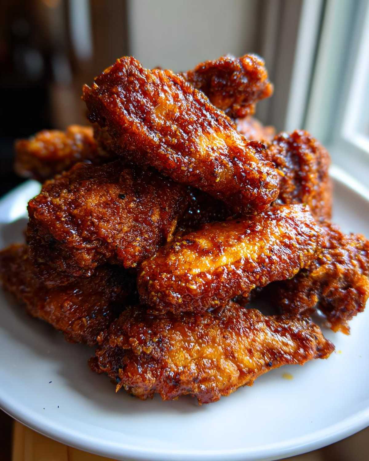 A close-up stack of golden brown, glossy crispy baked chicken wings piled high on a white plate.
