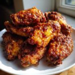 A close-up stack of golden brown, glazed crispy baked chicken wings on a white plate.