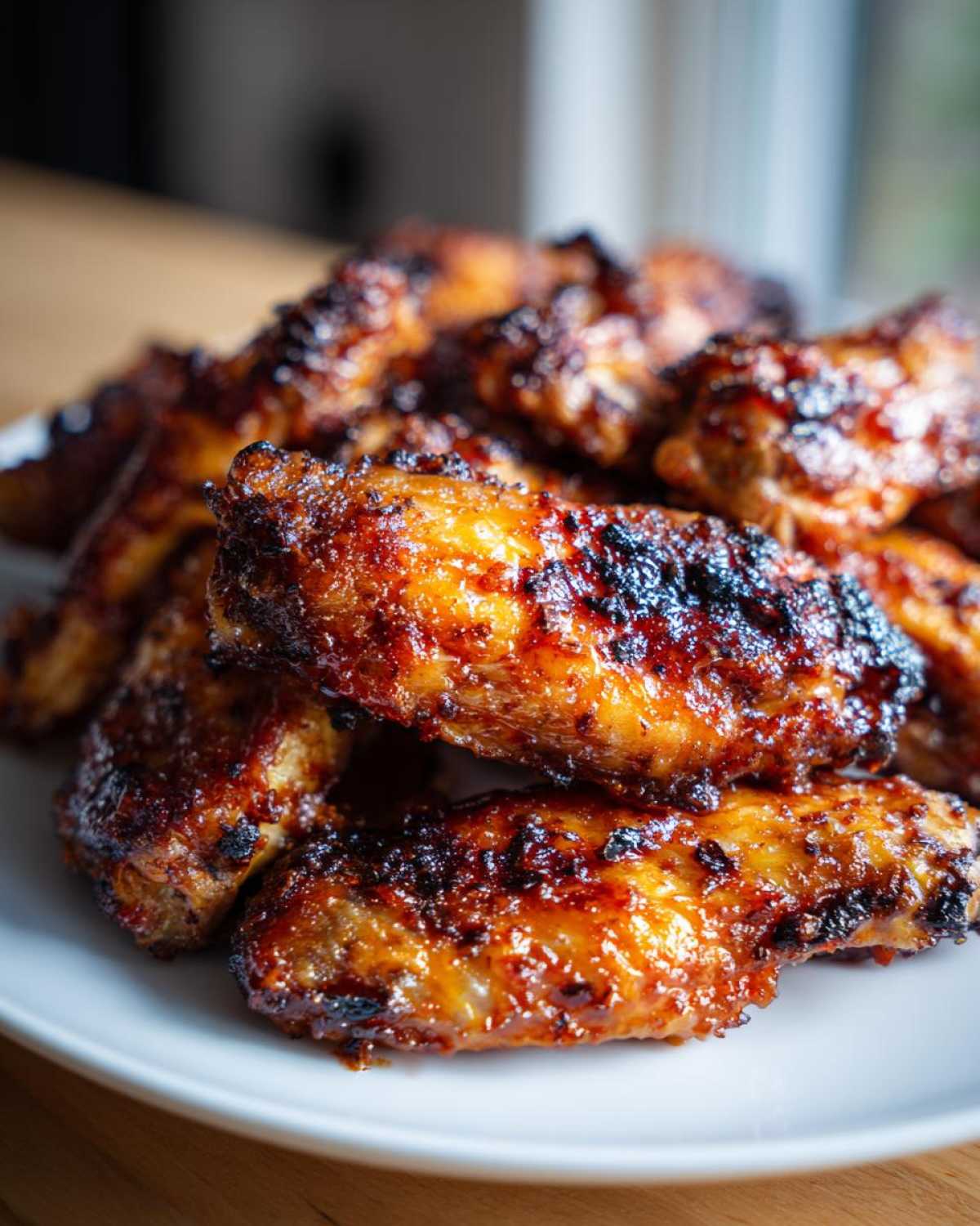 Close-up of a pile of glossy, caramelized, and crispy baked chicken wings on a white plate.