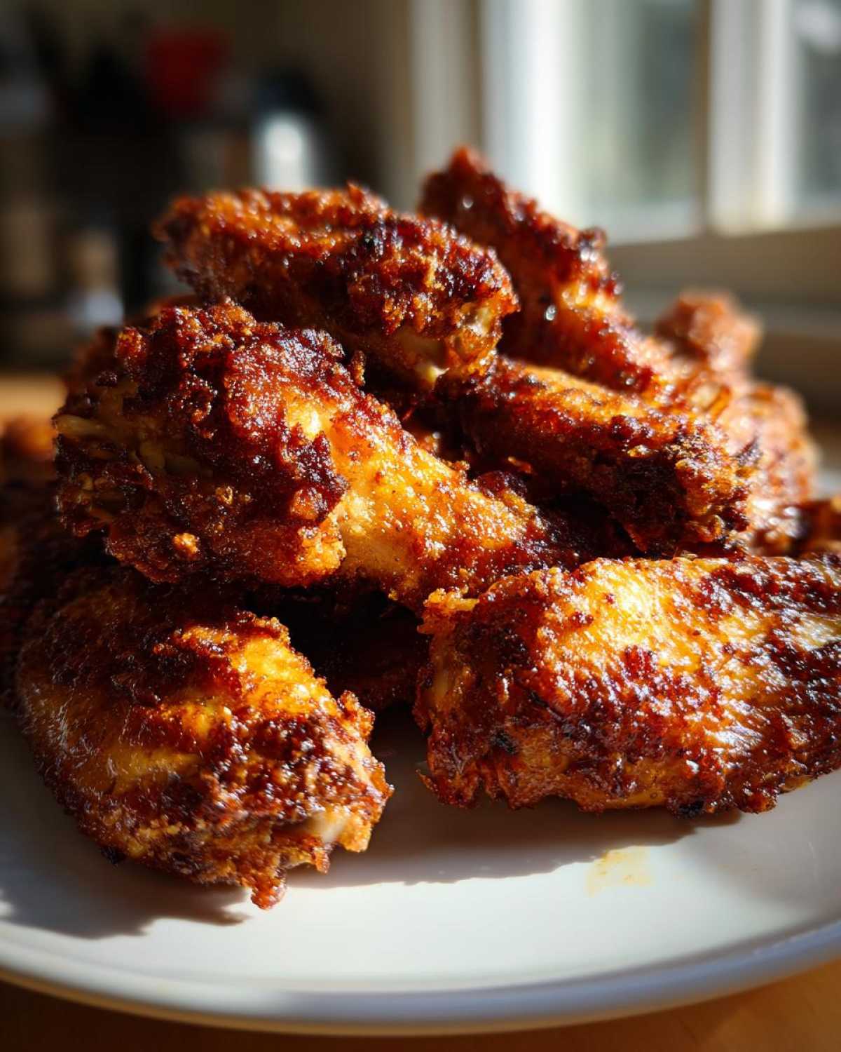 A close-up pile of golden brown, crispy baked chicken wings glistening under sunlight.