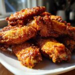 A close-up of a pile of golden brown, glossy crispy baked chicken wings served on a white plate.