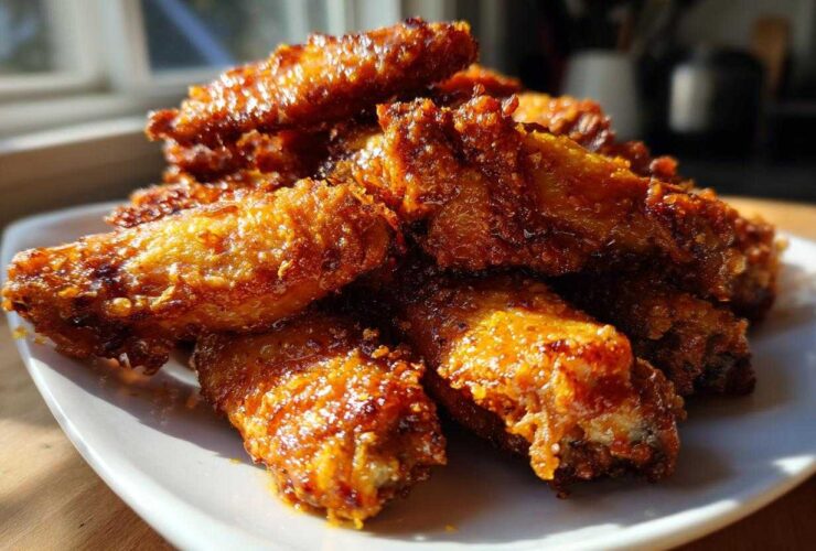 A close-up of a pile of golden brown, glossy crispy baked chicken wings served on a white plate.
