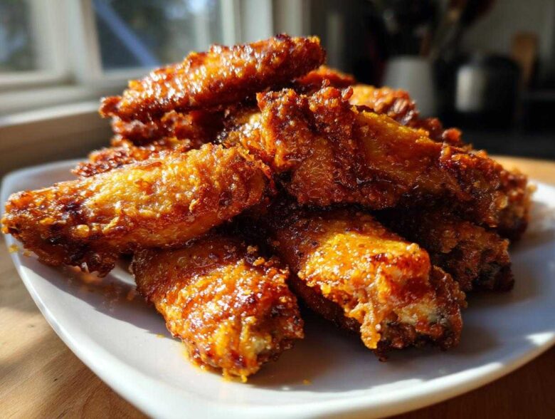 A close-up of a pile of golden brown, glossy crispy baked chicken wings served on a white plate.