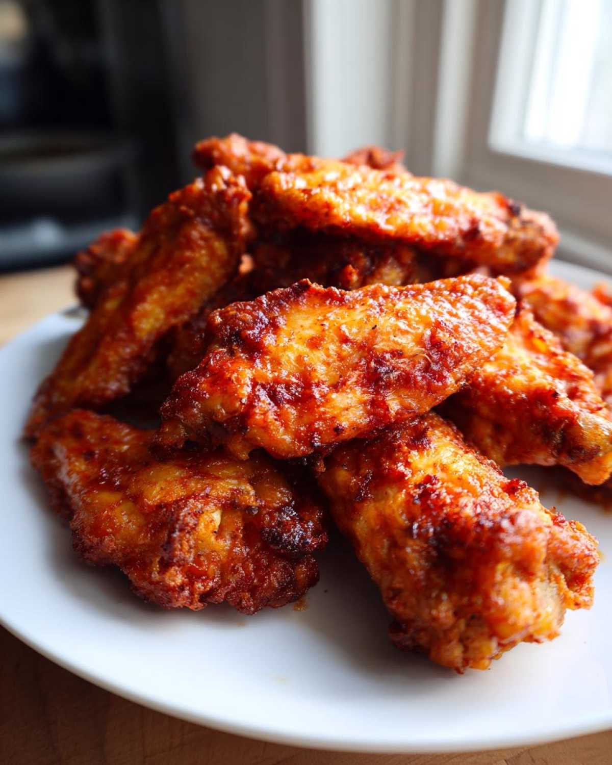 Close-up of a stack of golden brown, saucy crispy baked chicken wings on a white plate.