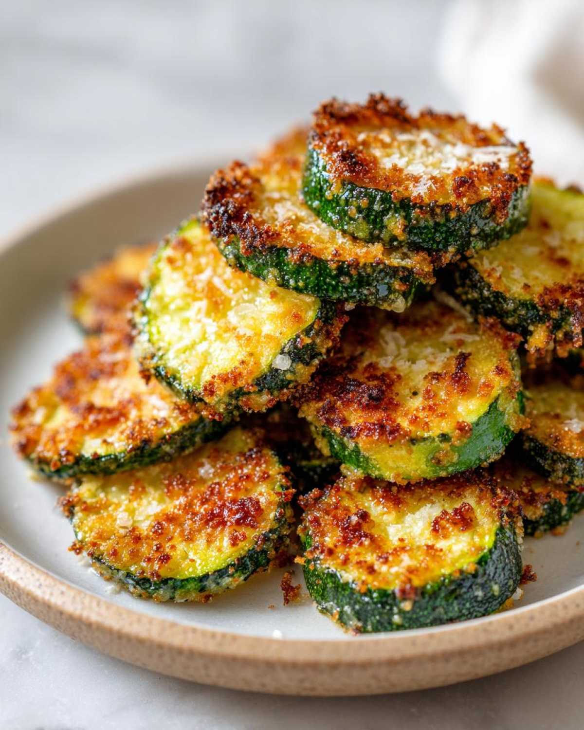 Close-up of crispy baked parmesan zucchini slices stacked high on a light ceramic plate.